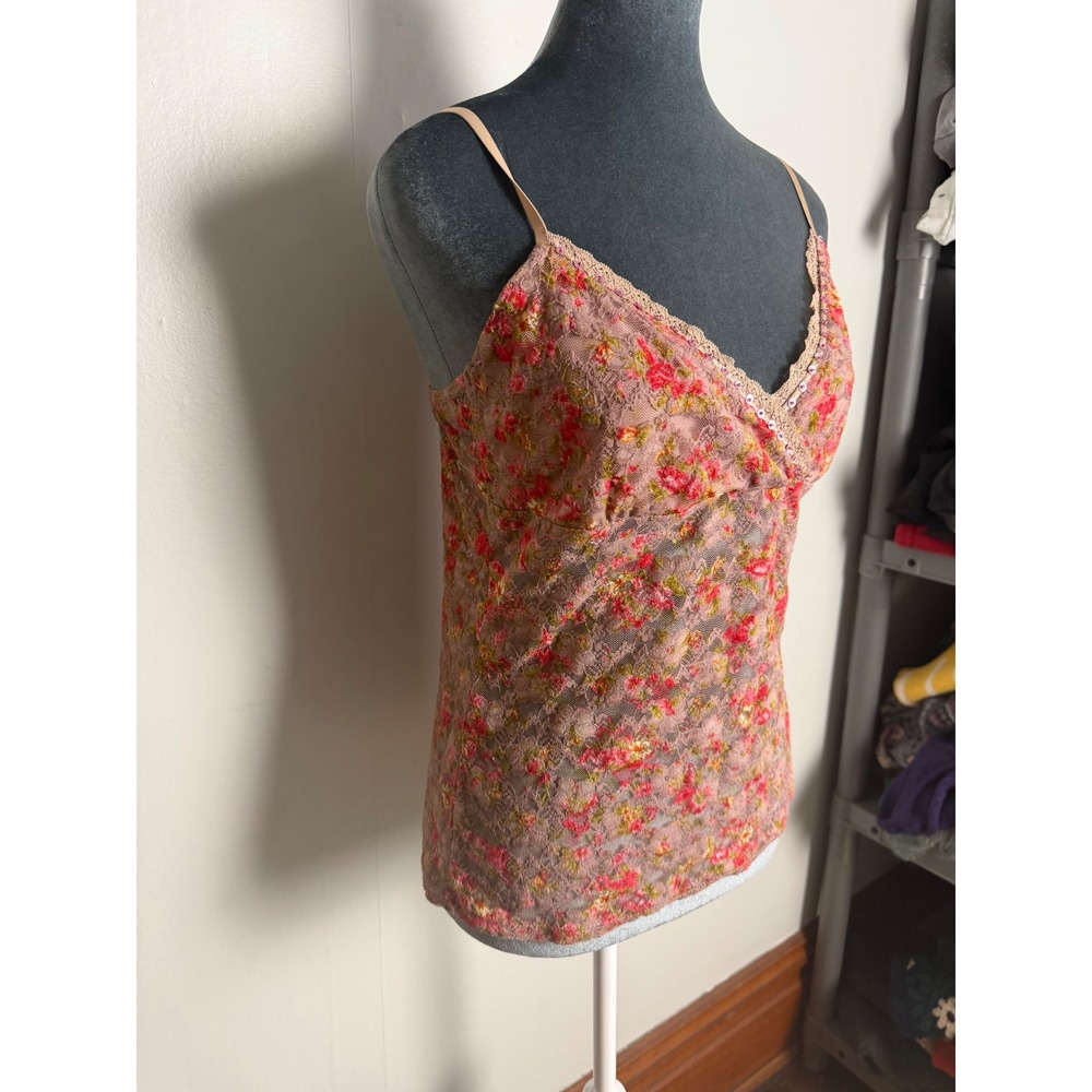 Floral Lace Sequin Trim Camisole Top pink Cami fairy whimsical Y2K festival M